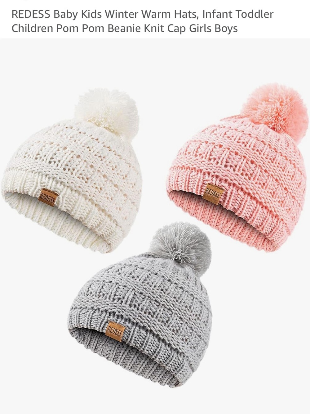 Amazon Kids Pom Pom Knit Beanie Hats in White, Pink, Gray